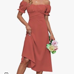 Women's Off Shoulder Ruffle Puff Short Sleeve Ruched Tie Back Dress | Rust Red